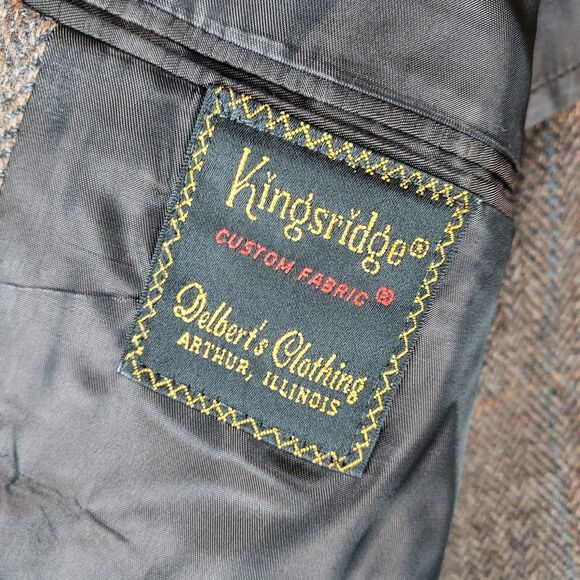 Vintage Kingsridge 44R Pure Wool Brown Plaid Herringbone Blazer Sport Coat - Picture 10 of 12